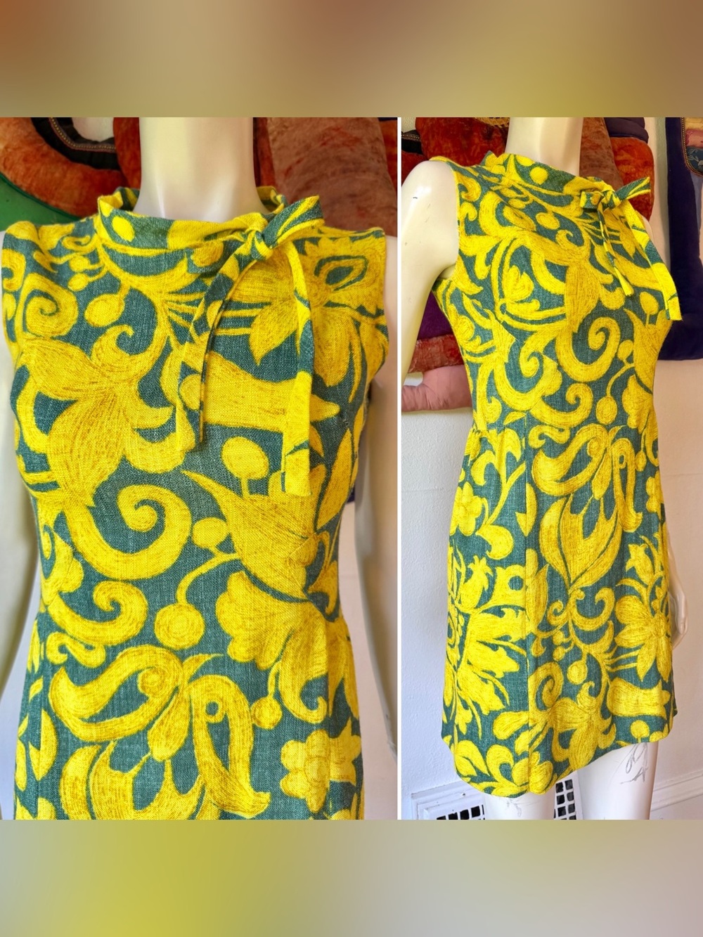 1960s Groovy PSYCHEDELIC MINI DRESS Vintage Tie Neck Metal Zipper Linen Retro